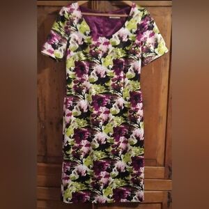 Jacques Vert Satin Floral Sheath Spring Dress Purple Green Size US 6/ UK 10